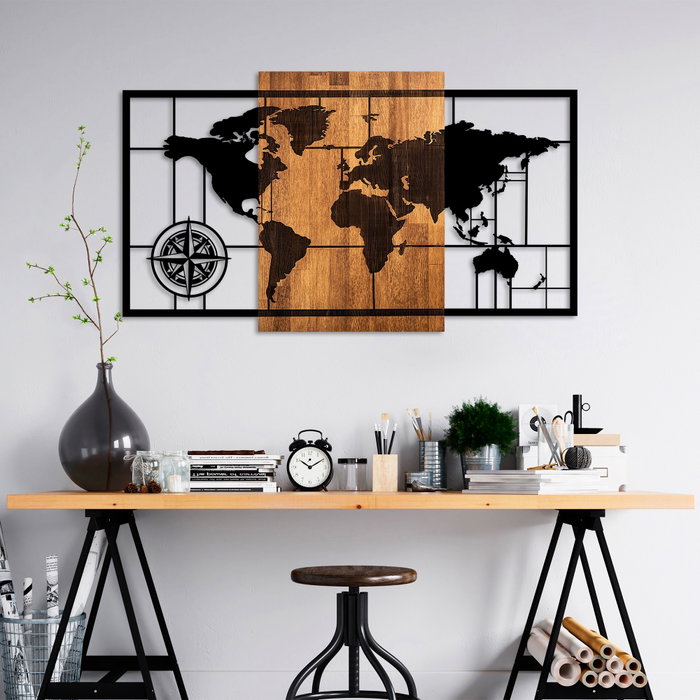 Wallity World Map 1-L Decoración de Pared de Madera y Metal